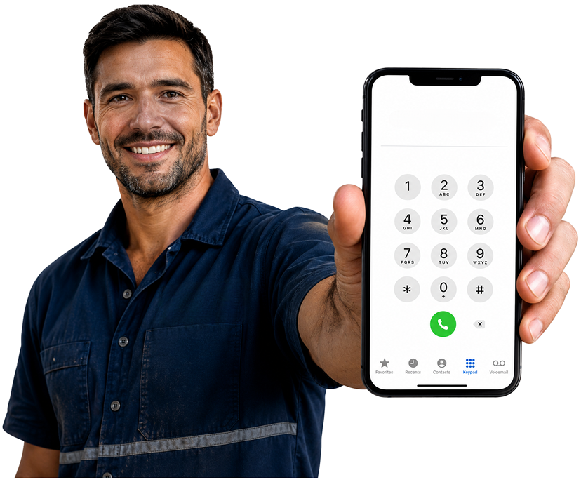 Stanmore Blocked Drains plumber holding a phone — call 1300 261 965