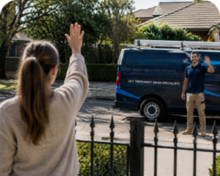 Customer waving goodbye to a Stanmore Blocked Drains plumber